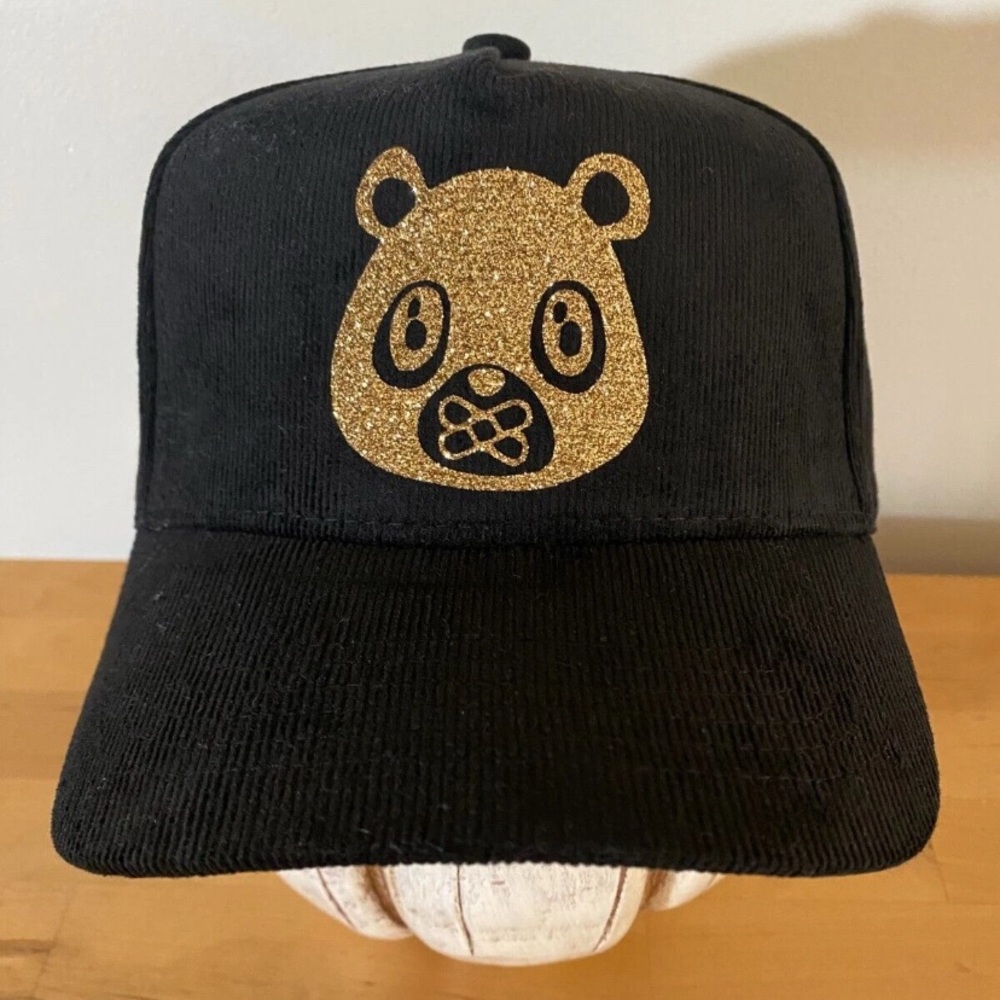 Black baseball Hat Corduroy with Gold Panda Design